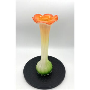 Vintage MCM Jack In The Pulpit Tulip Glass Vase-Orange, Green & White EUC